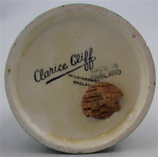 A Clarice Cliff conical sugar sifter, 14cm, splinter chip to foot